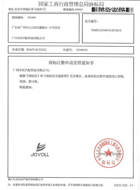 China Guangzhou Jovoll Auto Parts Technology Co., Ltd. Zertifizierungen